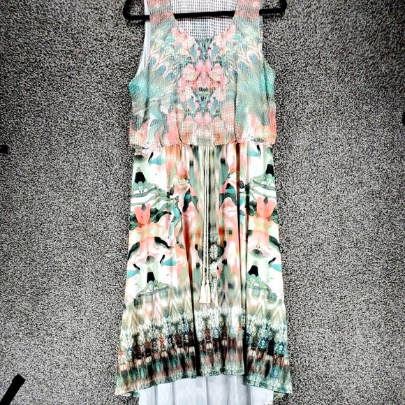 One World Dresses | One World Maxi Dress Sleeveless Green/Brown/Peach Boho Print Women's Size Large | Color: Brown/Green/White | Size: L |